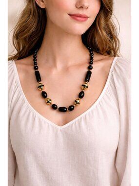 Vintage 1980s Trifari Black Gold Chunky Beaded 25 inch Necklace